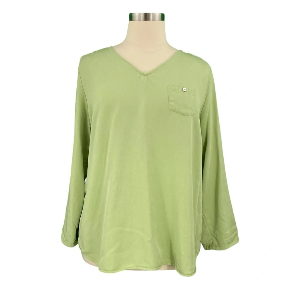 Soft Surroundings Lime Green 100% Tencel Casual Roll Sleeve Pullover Tunic Top - Picture 2 of 16